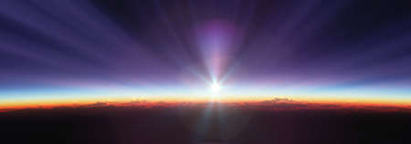 Earth sunrise from space over cloudy ocean. 3d rendering illustration