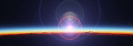 Earth sunrise from space over cloudy ocean. 3d rendering illustration