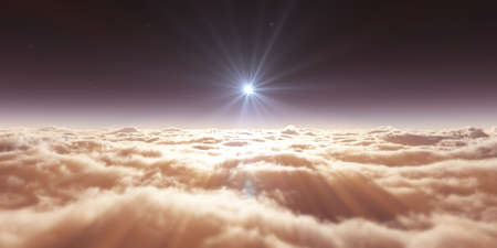 dream fly above clouds ray light, 3d rendering illustration