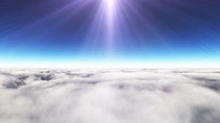 Above clouds sun ray, 3d rendering illustrationの写真素材