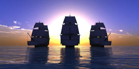 old three ships sunset at sea, 3d rendering illustrationの写真素材