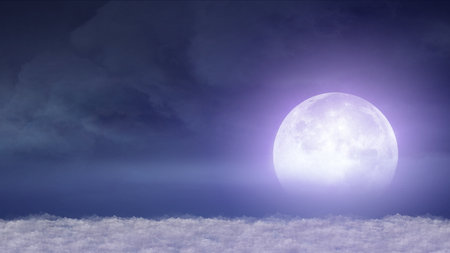 Beautiful realistic flight over cumulus lush clouds in the night moonlight illustrationの写真素材