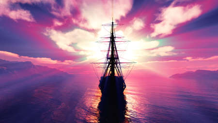 old ship sunset at sea illustration 3d renderingの写真素材
