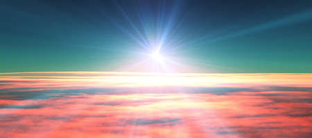 above clouds fly sunset sun ray illustration, 3d renderの写真素材