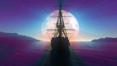 old ship in sea full moon illustration 3d renderingの写真素材