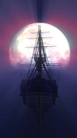 old ship in sea full moon illustration 3d renderingの写真素材