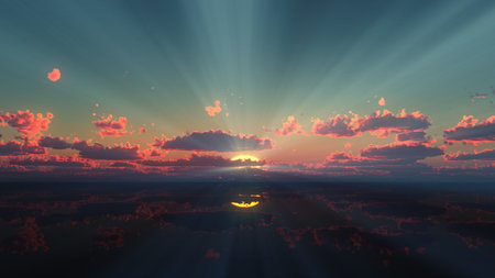 sunset calmly sea sun ray 3d render illustrationの写真素材