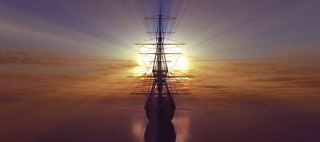 old ship sunset at sea 3d rendering illustrationの写真素材