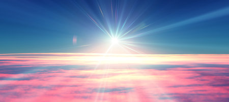 above clouds fly sunset sun ray illustration, 3d renderの写真素材