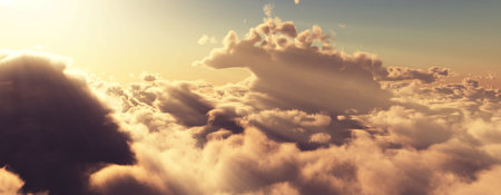 above clouds fly sunset sun ray illustration, 3d renderの写真素材