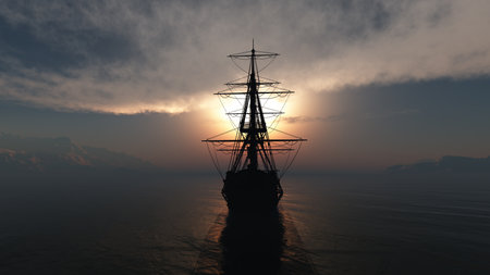 old ship sunset at sea illustration 3d renderingの写真素材