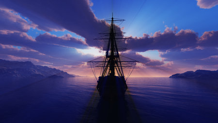 old ship sunset at sea illustration 3d renderingの写真素材