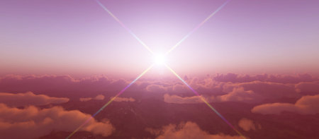 above clouds fly sunset sun ray illustration, 3d renderの写真素材