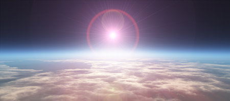 Earth sunrise from space over cloudy ocean. 3d rendering illustration