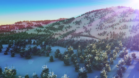 above winter forest mountain sunset 3D rendering illustrationの写真素材