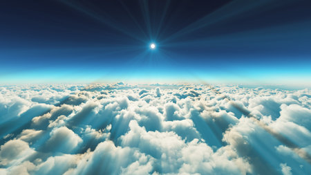 above clouds fly sunset sun ray illustration, 3d renderの写真素材