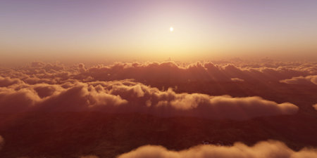 above clouds fly sunset sun ray illustration, 3d renderの写真素材