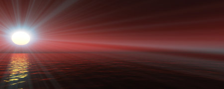 sunset sea sun ray clear sky, 3d rendering illustration