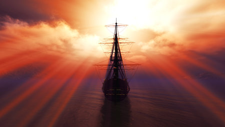 old ship sunset at sea illustration 3d renderingの写真素材