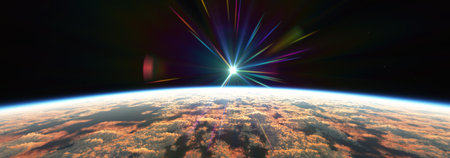 Earth sunrise from space over cloudy ocean. 3d rendering illustrationの写真素材