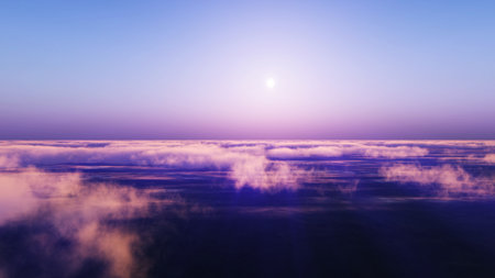above clouds fly sunset sun ray illustration, 3d renderの写真素材