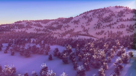 above winter forest mountain sunset 3D rendering illustrationの写真素材