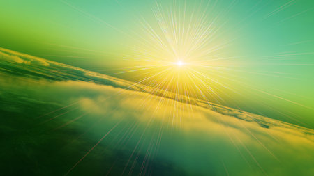 above clouds fly sunset sun ray illustration, 3d renderの写真素材