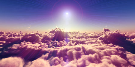fly above clouds sunset landscape, 3d render illustrationの写真素材