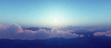 above clouds fly sunset sun ray illustration, 3d renderの写真素材