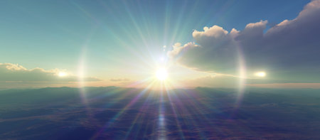 above clouds fly sunset sun ray illustration, 3d renderの写真素材