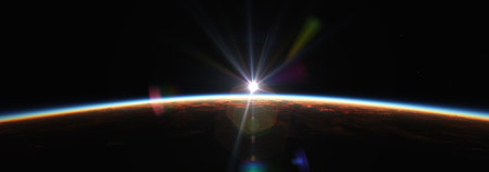 Earth sunrise from space over cloudy ocean. 3d rendering illustrationの写真素材