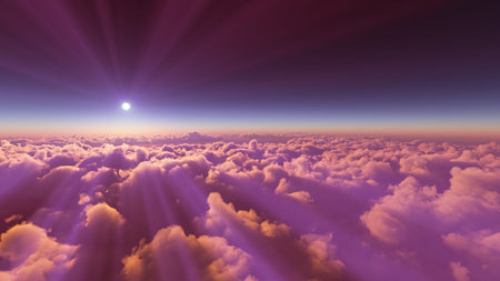 above clouds fly sunset sun ray illustration, 3d renderの写真素材