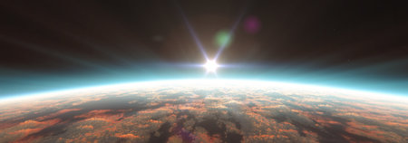 Earth sunrise from space over cloudy ocean. 3d rendering illustrationの写真素材