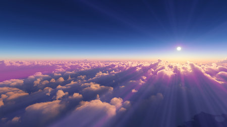 above clouds fly sunset sun ray illustration, 3d renderの写真素材