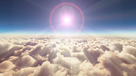 above clouds fly sunset sun ray illustration, 3d renderの写真素材