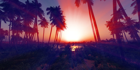oasis sunset landscape background 3d render illustrationの写真素材