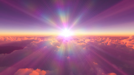 above clouds fly sunset sun ray illustration, 3d renderの写真素材