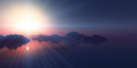 above islands in sea sunset, illustration 3d renderingの写真素材