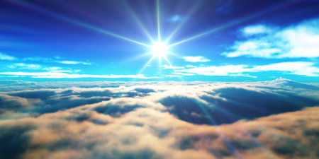 above clouds fly sunset sun ray illustration, 3d renderの写真素材