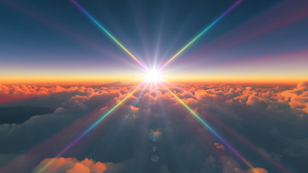 above clouds fly sunset sun ray illustration, 3d renderの写真素材