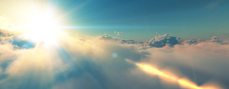 above clouds fly sunset sun ray illustration, 3d renderの写真素材