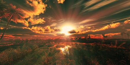 oasis sunset landscape background 3d render illustrationの写真素材