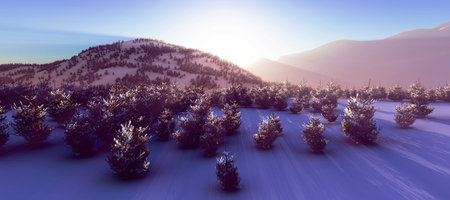 above winter forest mountain sunset 3D rendering illustrationの写真素材
