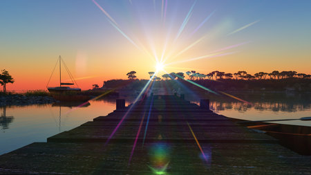 Beautiful sunset over the tropical lagoon, illustration 3d renderingの写真素材