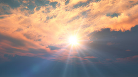 sunrise with clouds, light rays and other atmospheric effect, 3d illustrationの写真素材