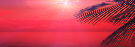 sunset sea palm landscape illustration, 3d renderの写真素材
