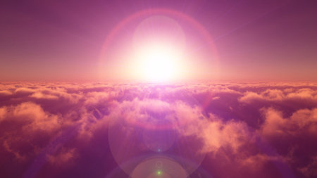 above clouds fly sunset sun ray illustration, 3d renderの写真素材