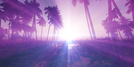 oasis sunset landscape background 3d render illustrationの写真素材