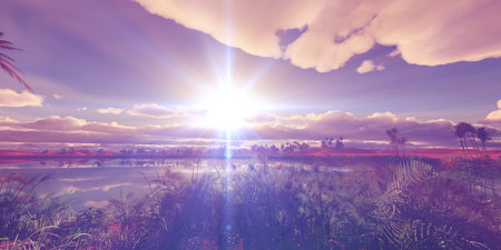 oasis sunset landscape background 3d render illustrationの写真素材