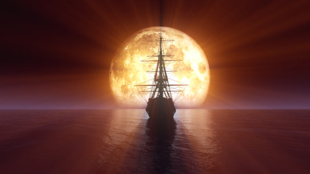 old ship in sea full moon illustration 3d renderingの写真素材